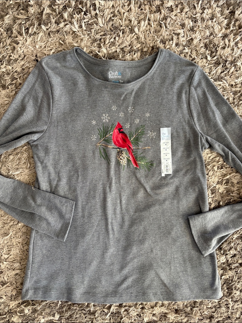 New croft & barrow Gray Crewneck LS shirt with Red Cardinal Motif